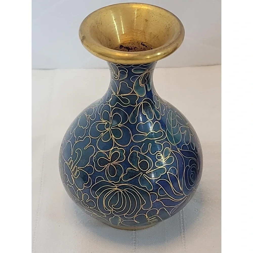 Pair Vintage Chinese Cloisonne Brass Vases Multi ‎ Color Blue And Gold Swirl